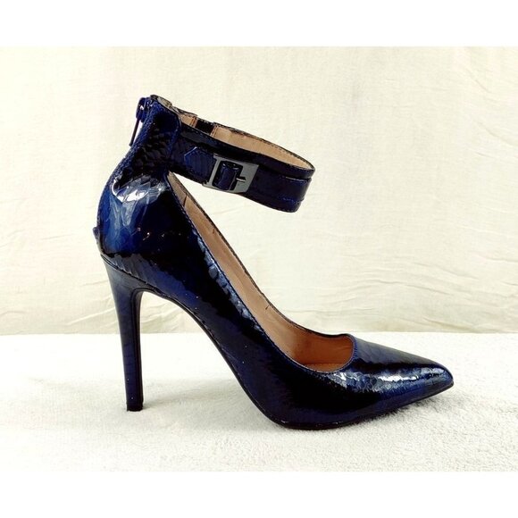 Ankle Strap Gianni Bini Stiletto Pump Patent Leather Navy Blue Embossed Shinny - Picture 6 of 11